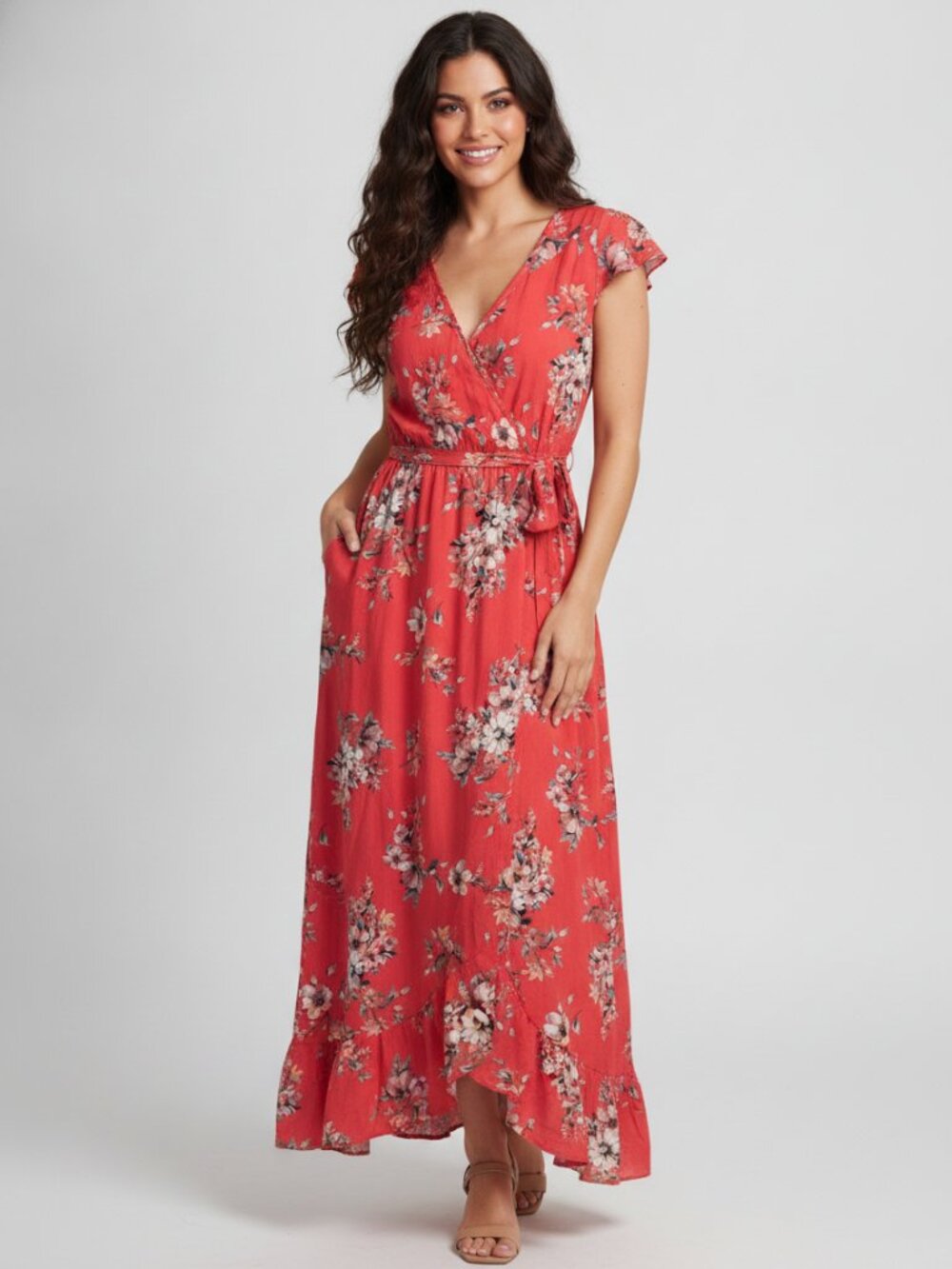 Floral Red Wrap Maxi Dress with Tie Waist And Pockets - Picture 1 of 8